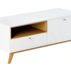 Ověřený Bílý TV stolek Thia s dubovou podnoží 120 x 45 cm