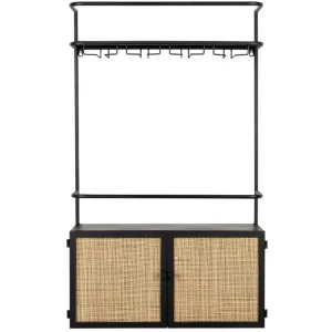 Autentický Černá lakovaná závěsná vinotéka s ratanovou výplní WLL GUUJI 60 x 18 cm
