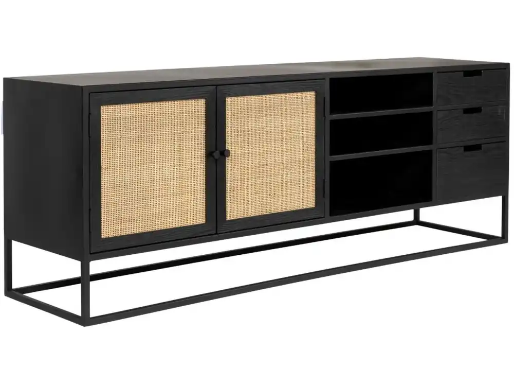 Oblíbený Černý lakovaný TV stolek s ratanovou výplní WLL GUUJI 150 x 38 cm