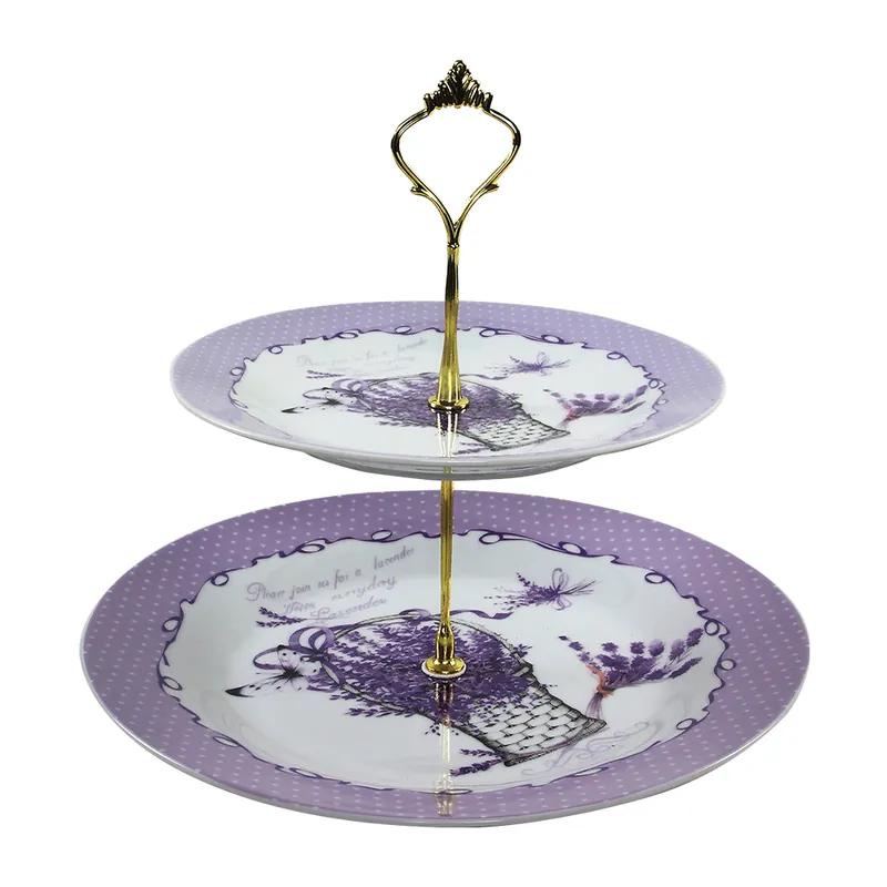 TEMPO-KONDELA FALL, dvoupatrový etažér, porcelán, bílá/fialová/zlatá Akční Cena