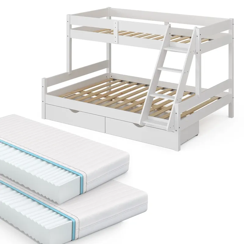 Must-Have Patrová postel Everest Bílá 140x200 / 90x200 cm se 2 matracemi a 2 zásuvkami Vitalispa