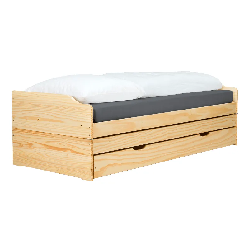 Sezónní Sleva Postel s výsuvnými přistýlkami, přírodní, masiv, 90x200, FLOPY