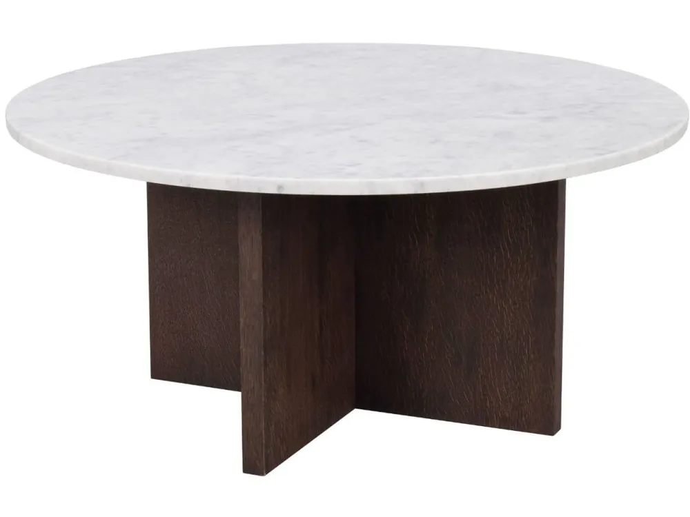 Bílý mramorový konferenční stolek ROWICO BROOKSVILLE 90 cm s hnědou podnoží Cenový Hit