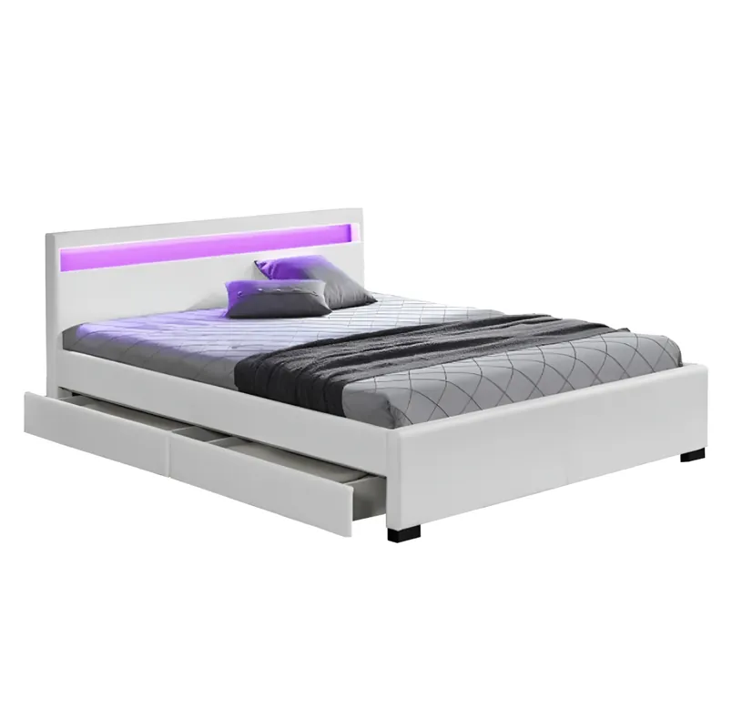 Vysoce Kvalitní Manželská postel s úložným prostorem, RGB LED osvětlení, bílá ekokůže, 160x200, CLARETA