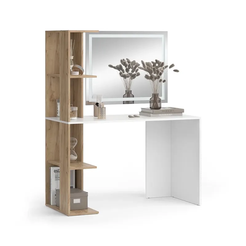 Nová Kolekce Toaletní stolek Tower Bílá/Sonoma 122.2 cm se zrcadlem LED Vicco