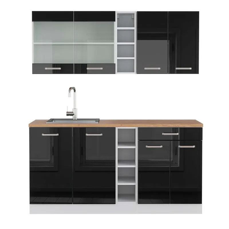 Akční Cena Jednotková kuchyně R-Line Černý vysoký lesk/bílá 160 cm , PD Dub Vicco