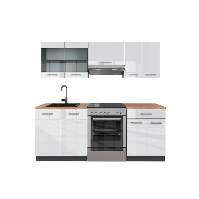 Kuchyňský kout R-Line Bílý vysoký lesk/antracit 200 cm , PD Dub Vicco Akce
