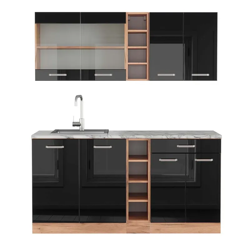 Jednotková kuchyně R-Line Černý/zlatý dub s vysokým leskem 160 cm , PD Mramor Vicco Bezpečná Platba