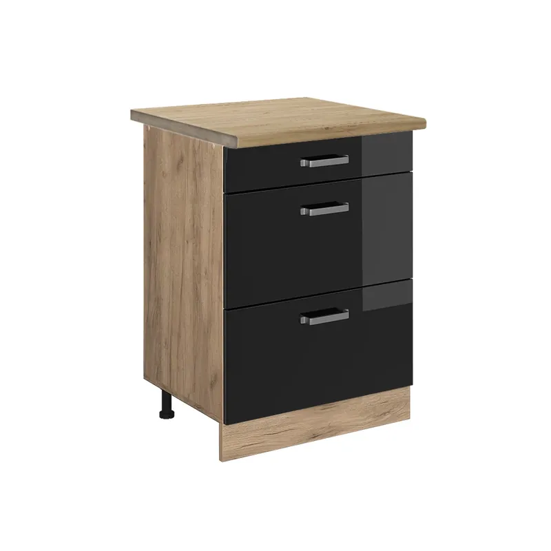 Časově Omezené Spodní skříňka kuchyňské linky R-Line Černý vysoký lesk 60 cm se zásuvkami, PD Dub Vicco