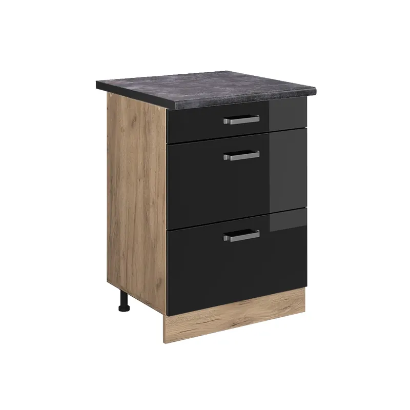 Speciální Cena Spodní skříňka kuchyňské linky R-Line Černý vysoký lesk 60 cm se zásuvkami, PD Antracit Vicco