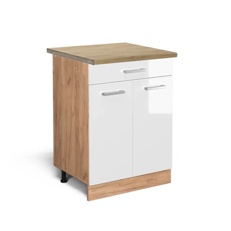 Zlevněný Spodní skříňka kuchyňské linky R-Line Bílá vysoký lesk 60 cm se zásuvkou, PD Dub Vicco