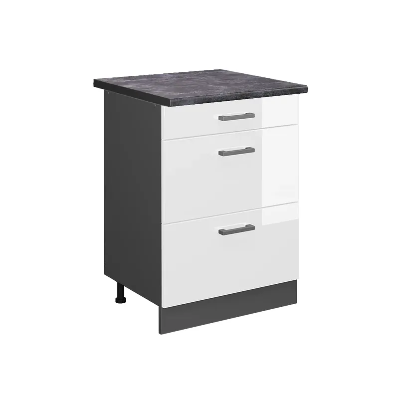 Horká Nabídka Spodní skříňka kuchyňské linky R-Line Bílá vysoký lesk 60 cm se zásuvkami, PD Antracit Vicco