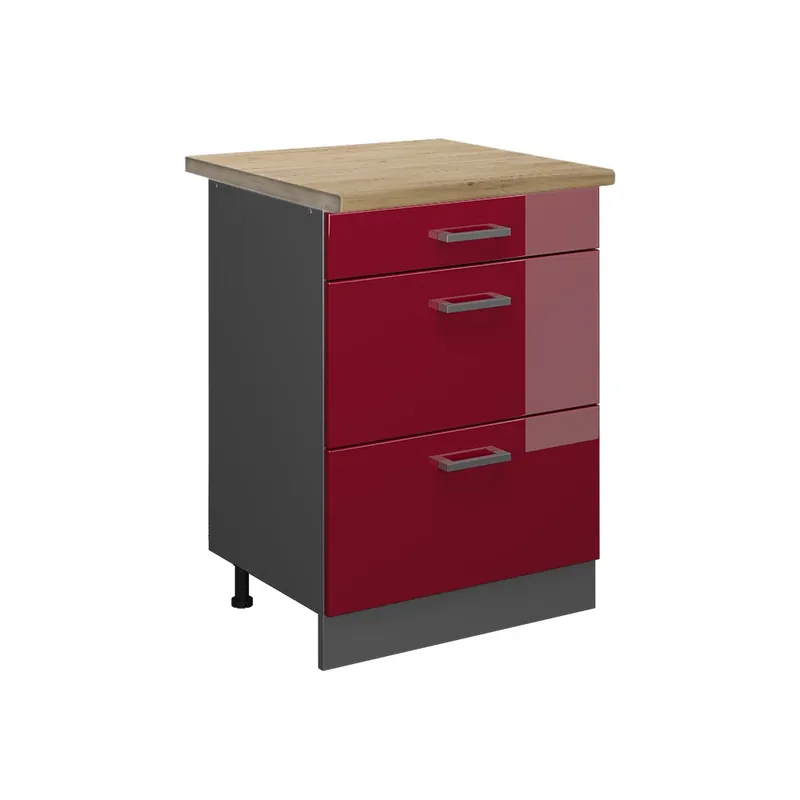 Horká Nabídka Spodní skříňka kuchyňské linky R-Line Červená vysoký lesk 60 cm se zásuvkami, PD Dub Vicco