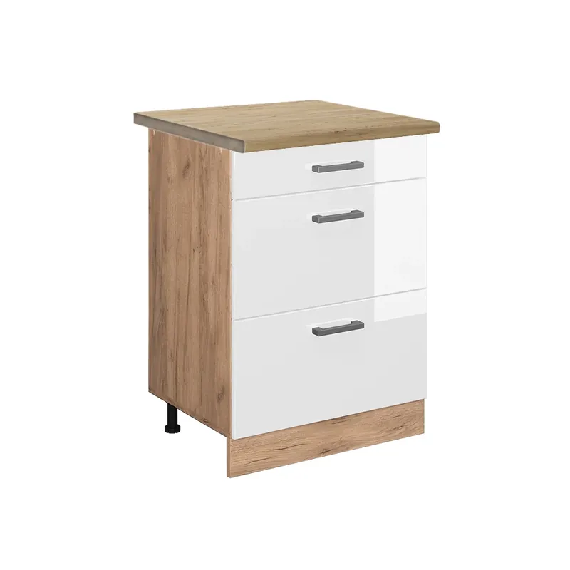 Sezónní Sleva Spodní skříňka kuchyňské linky R-Line Bílá vysoký lesk 60 cm se zásuvkami, PD Dub Vicco