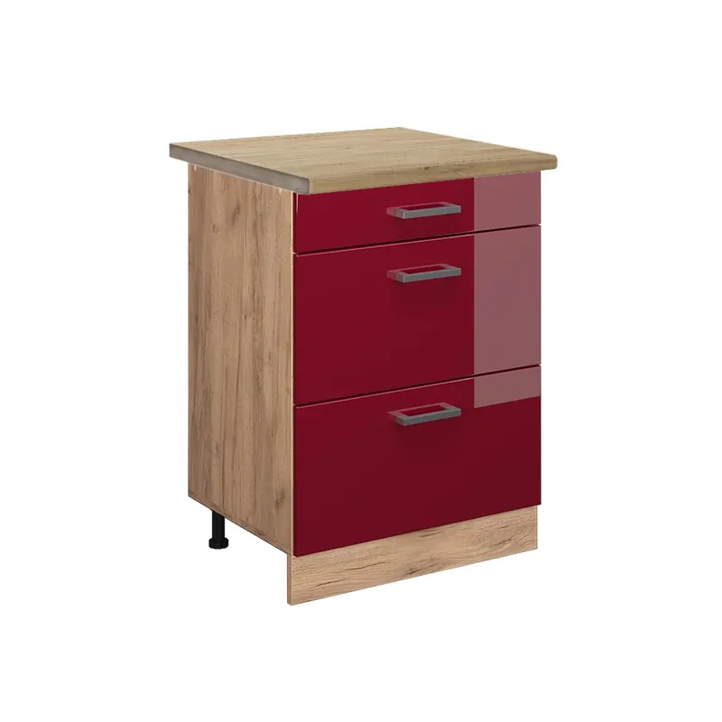 Spodní skříňka kuchyňské linky R-Line Červená vysoký lesk 60 cm se zásuvkami, PD Dub Vicco Oblíbený