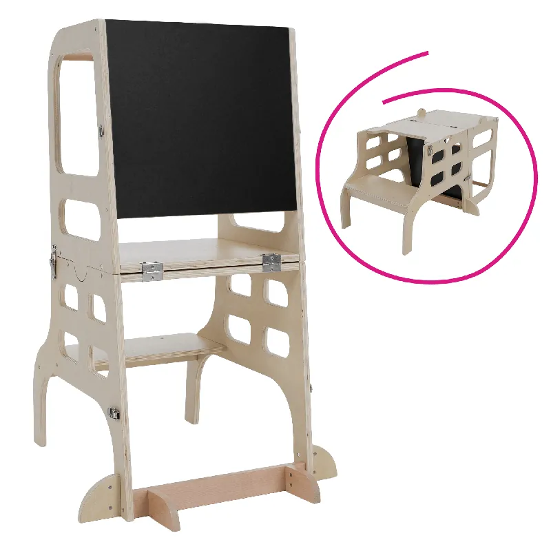 Montessori učící věž 3v1 s tabulí, přírodní, MAGAN Expresní Doručení