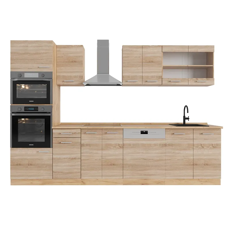 Koupit Online Kuchyňský kout R-Line Dub Sonoma/Goldkraft 300 cm s vysokou skříní, bez pracovní desky Vicco