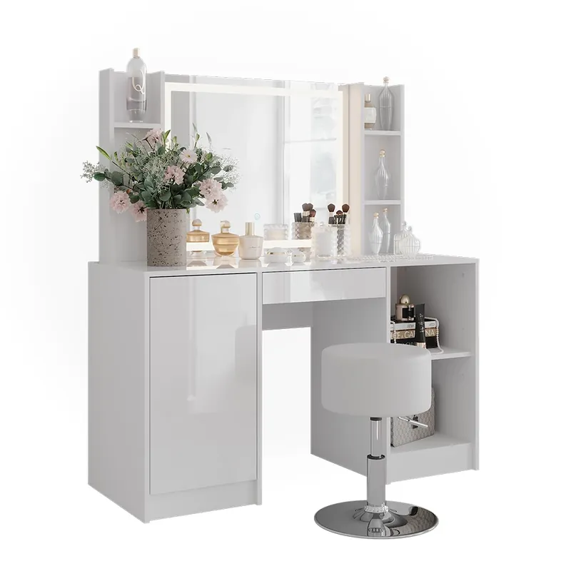 Toaletní stolek Sherry Bílá/bílý vysoký lesk 128.2 cm s LED zrcadlem a stoličkou Vicco Koupit Online
