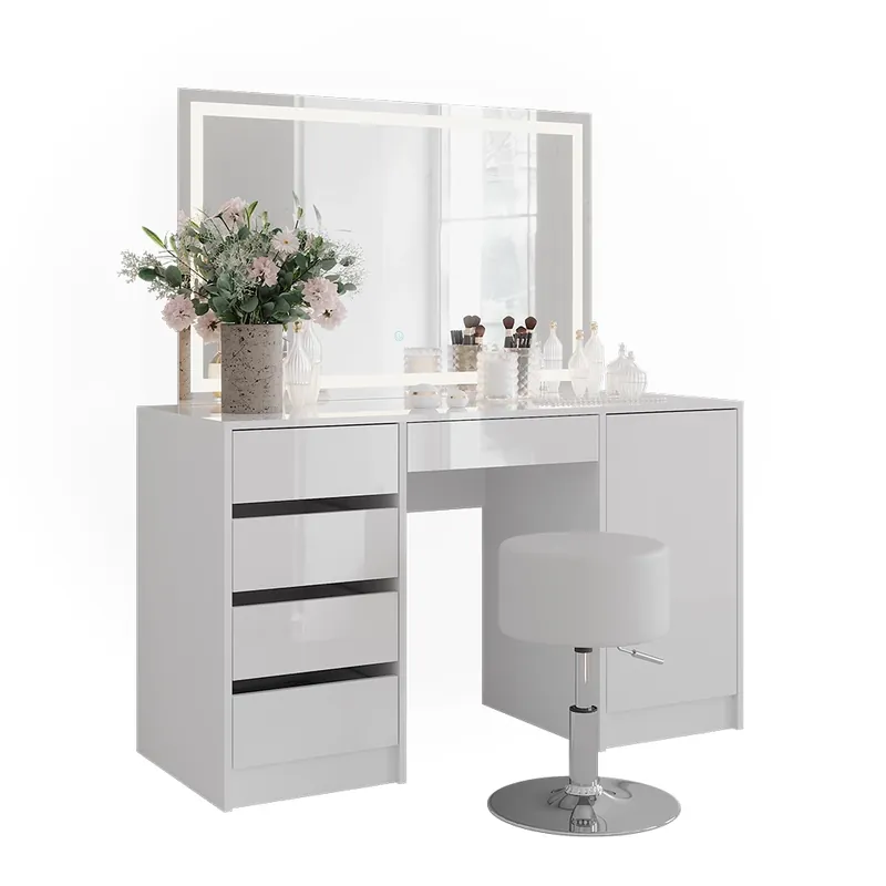 Super Cena Toaletní stolek Sherry Bílá/bílý vysoký lesk 128.2 cm s LED zrcadlem a taburetem Vicco
