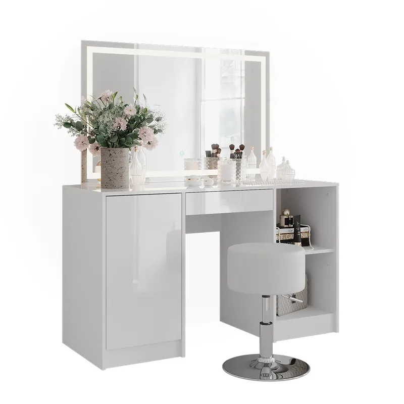 Dokud Zásoby Vydrží Toaletní stolek Sherry Bílá/bílý vysoký lesk 128.2 cm s LED zrcadlem a taburetem Vicco