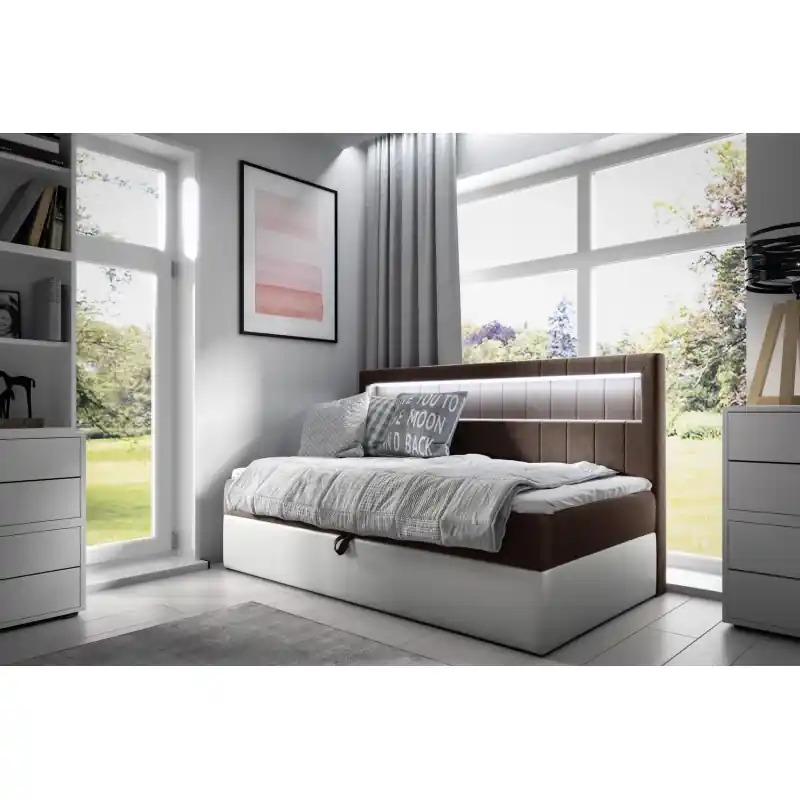 Jednolůžková postel 90x200 KISHA 2 - hnědá / bílá, otevírání z pravé strany + topper ZDARMA Must-Have