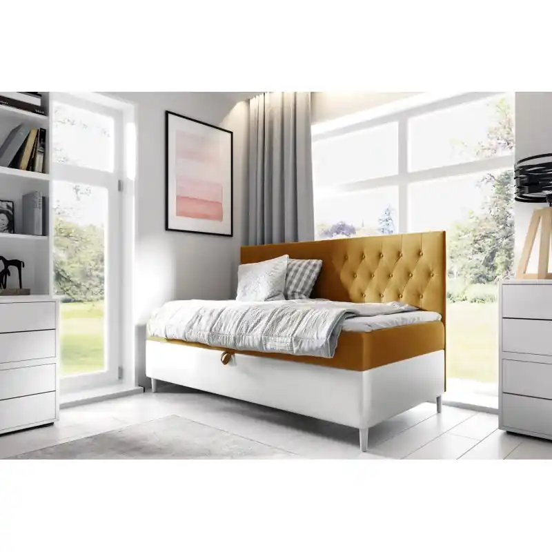 Kontinentální postel 100x200 KAILI 2 - hořčicová / bílá, otevírání z levé strany + topper ZDARMA Finální Výprodej