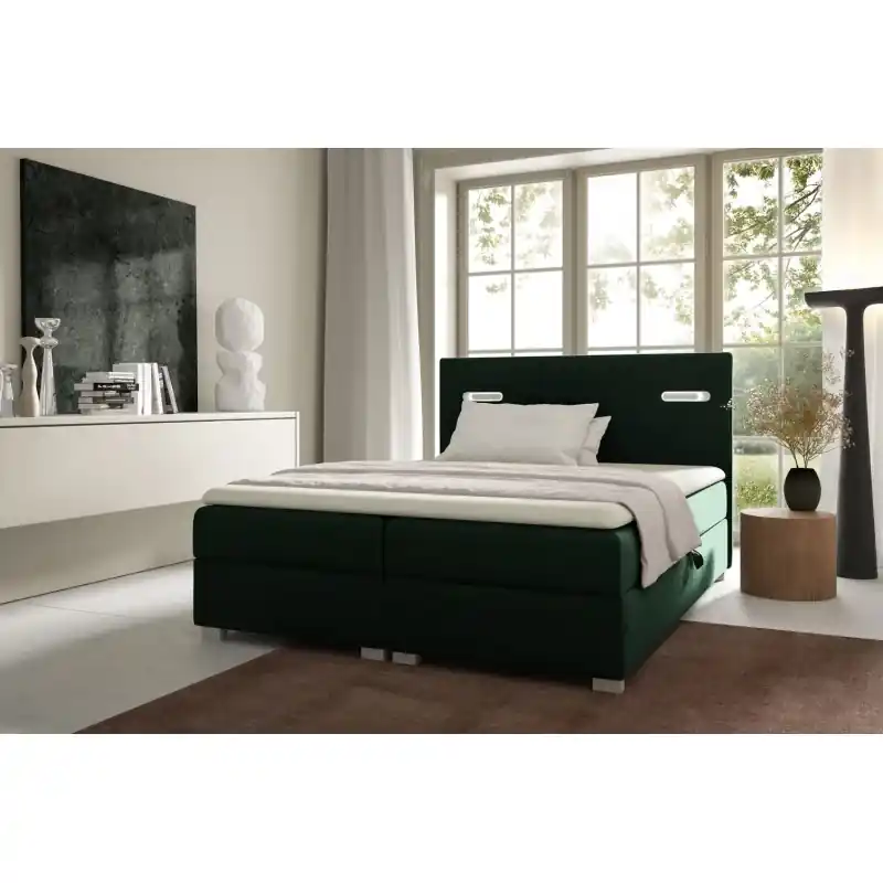 Nejprodávanější Čalouněná postel 140x200 MIRONA s LED osvětlením - láhvově zelená + topper ZDARMA