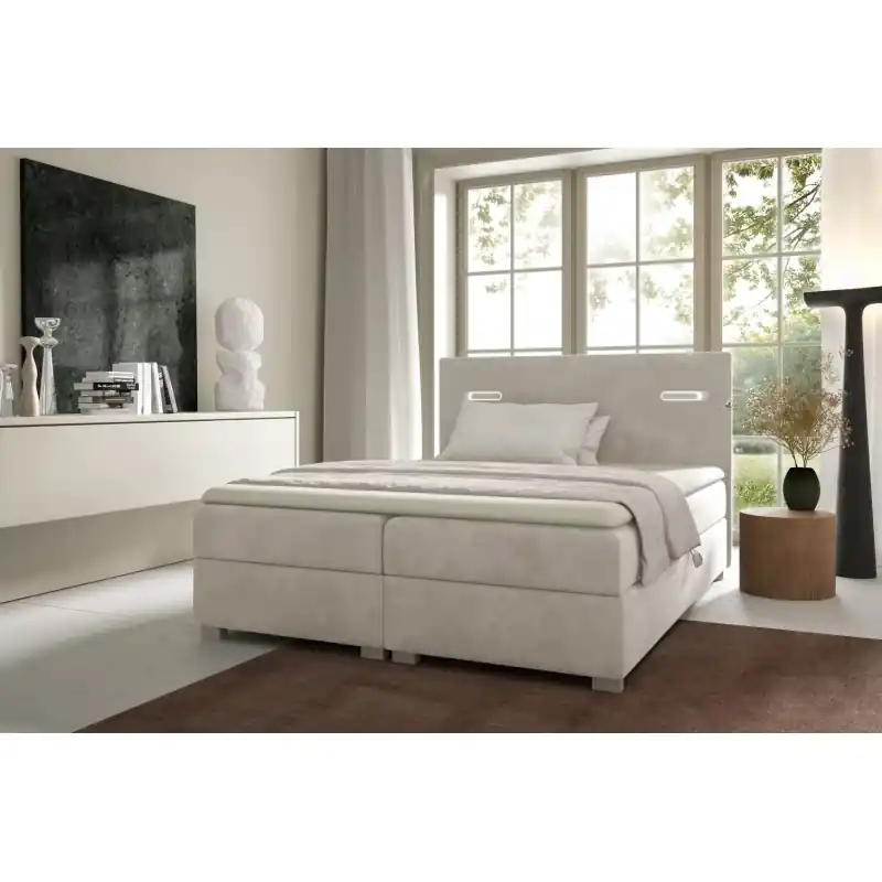 Cenově Výhodný Čalouněná postel 120x200 MIRONA s LED osvětlením - béžová + topper ZDARMA